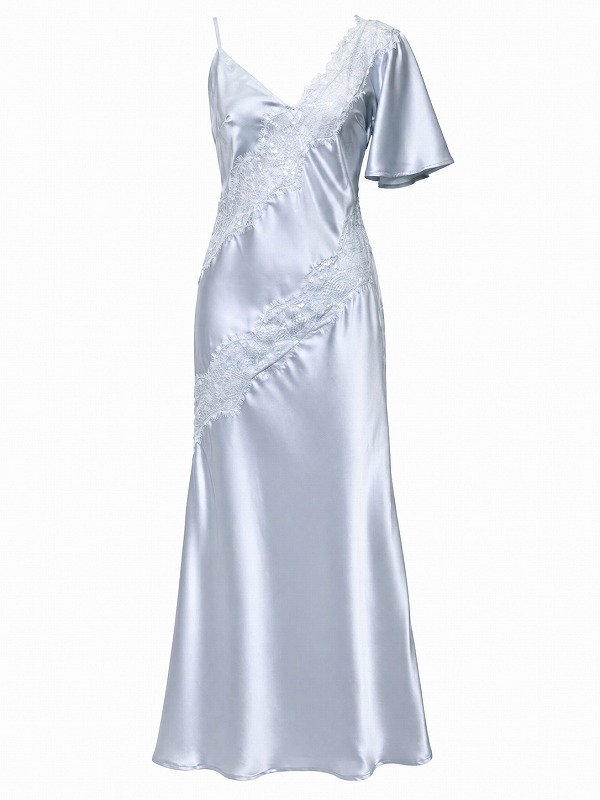 【新品DRESS 1936】サイドスリーブサテンレース切替タイトロングドレス パステルブルー【asos】